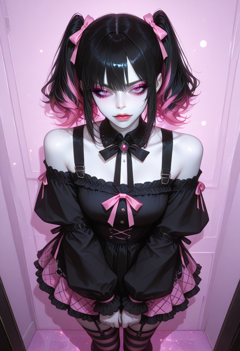 V10L3T_style,  A young girl with dramatic two-tone hair,  half black and half pastel pink on Tensor.Art