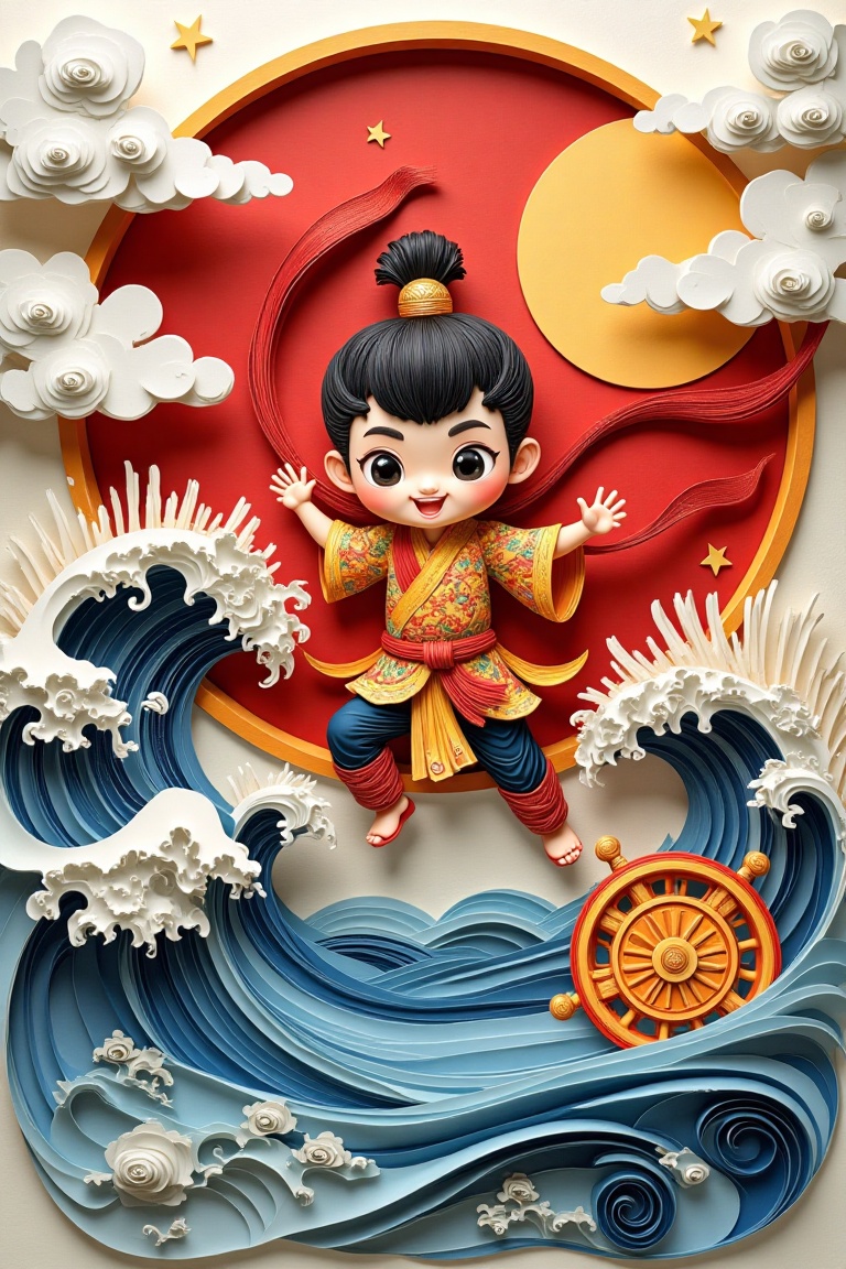 heroic boy,  chinese mythological paper hero child with red ribbon,  golden wheel on Tensor.Art
