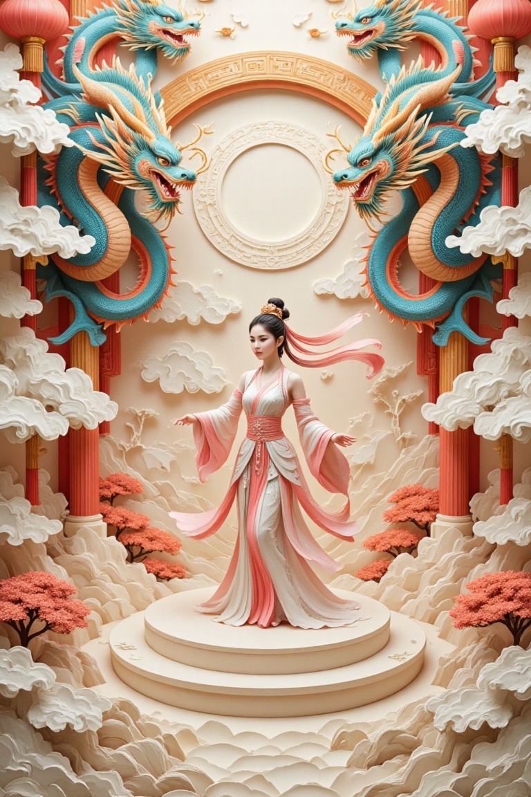 fiery landscape,  A highly intricate paper-cut art scene inspired by Chinese mythology and traditional dance. A graceful f...