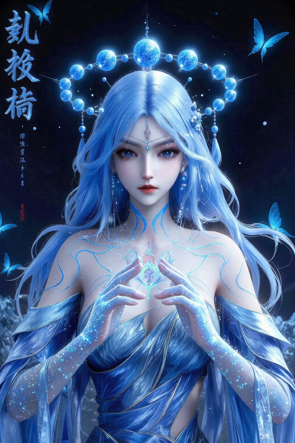The image depicts a mystical figure with long,  flowing blue hair and striking blue eyes. She is adorned in a flowing,  el...
