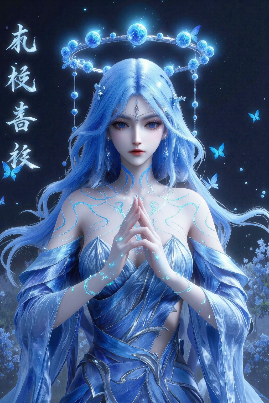 The image depicts a mystical figure with long,  flowing blue hair and striking blue eyes. She is adorned in a flowing,  el...