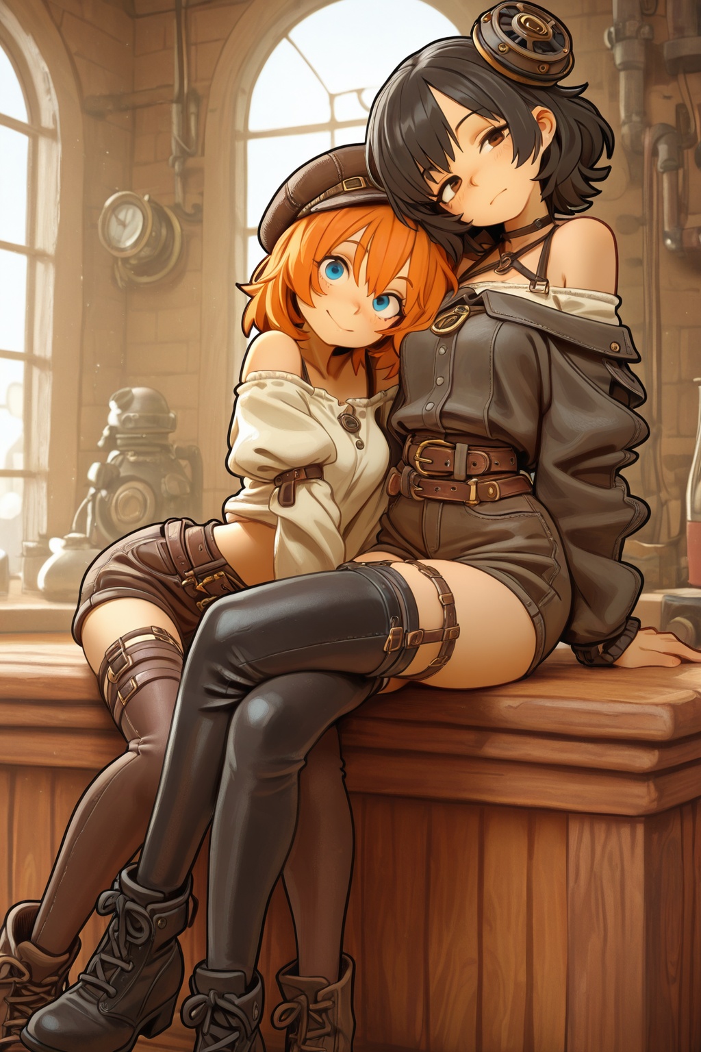 2girls,  leather thighhighs,  belt on Tensor.Art