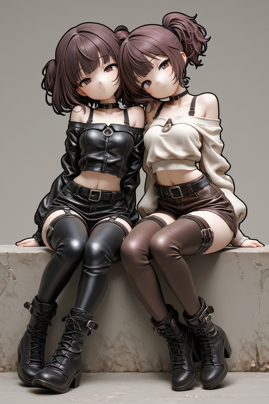 2girls,  leather thighhighs,  belt on Tensor.Art