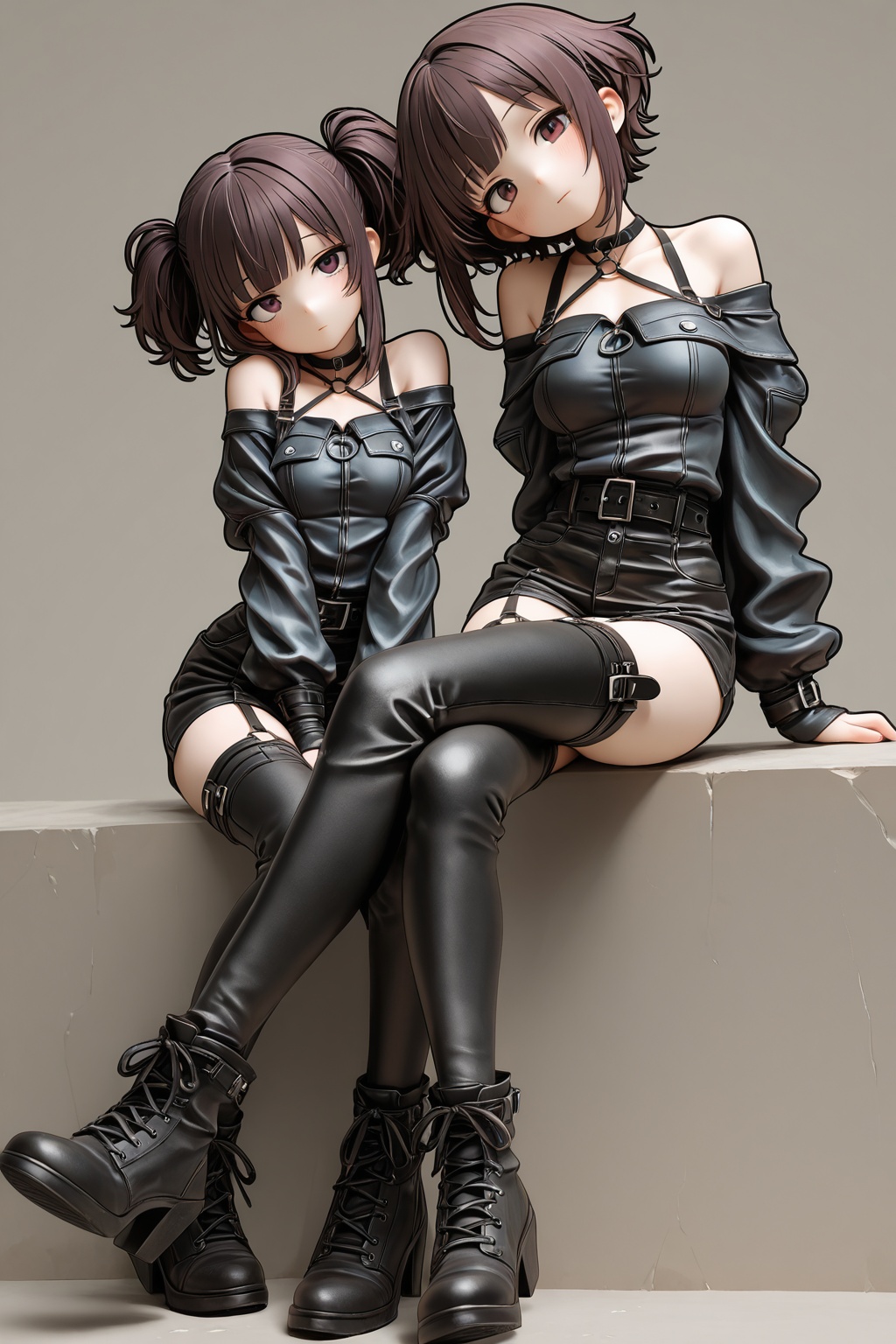 2girls,  leather thighhighs,  belt on Tensor.Art