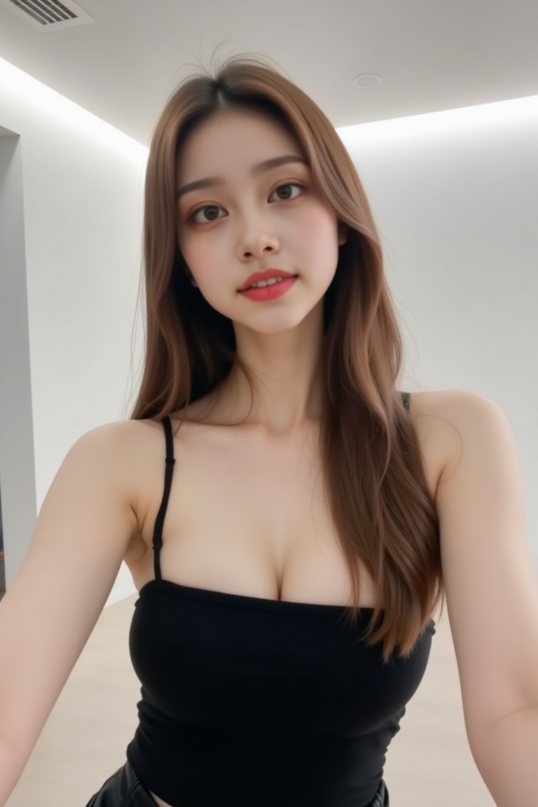 happy.hyunah style,  A beautiful young woman taking a selfie in a modern,  well-lit indoor room. She is facing the camera...