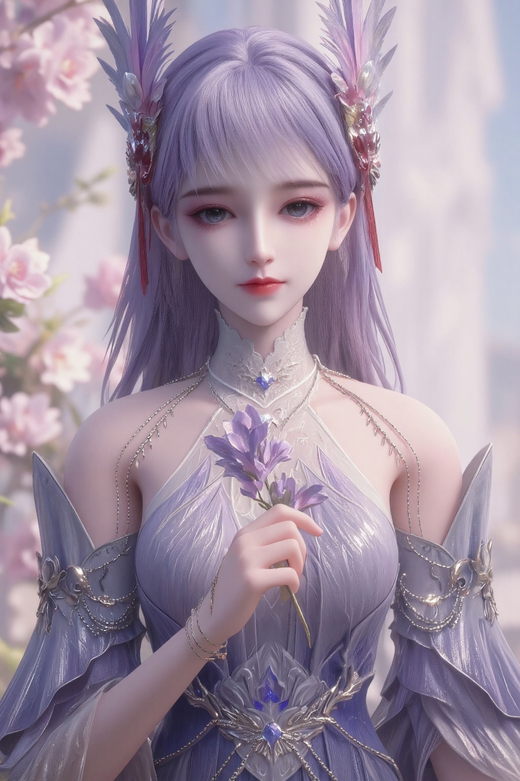 The image depicts a beautifully rendered anime-style character dressed in an elegant,  flowing gown. The character has lon...