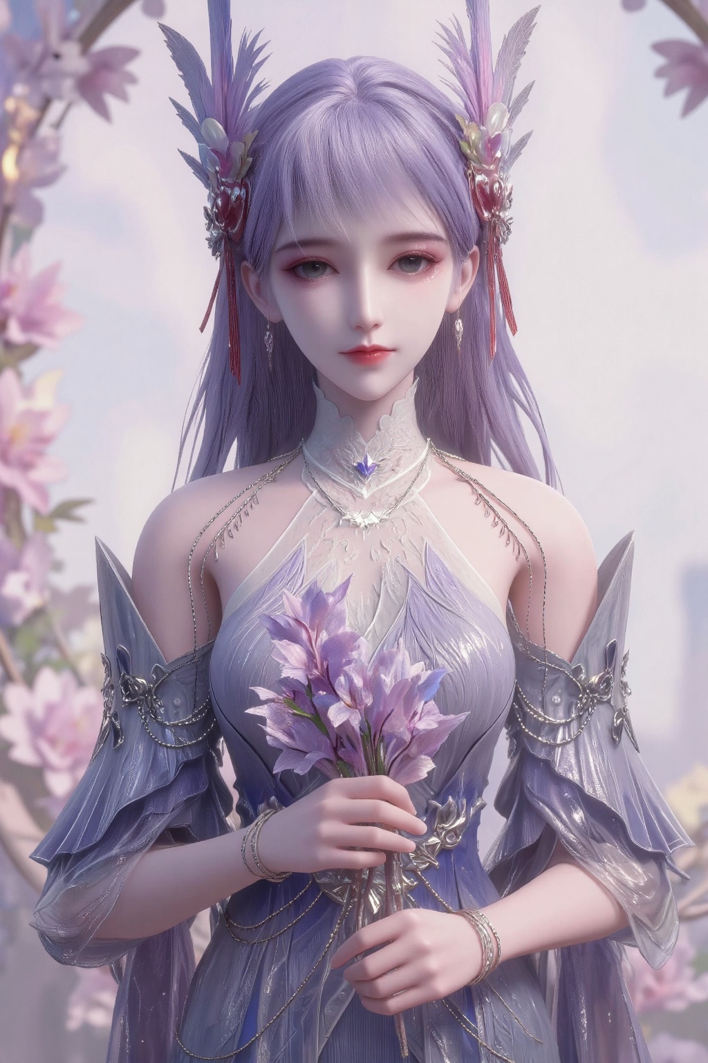 The image depicts a beautifully rendered anime-style character dressed in an elegant,  flowing gown. The character has lon...