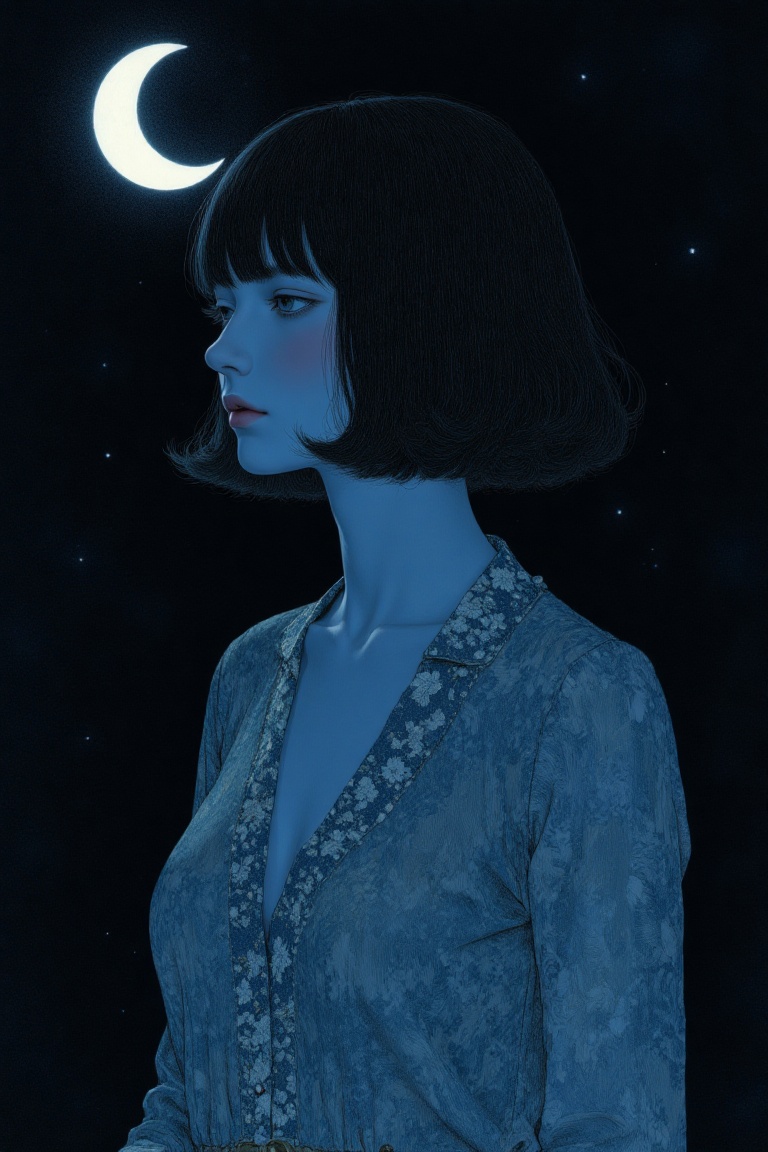 A surreal art illustration in Takato Yamamoto's style,  showcasing a figure with bob hair under moonlight. The crescent mo...