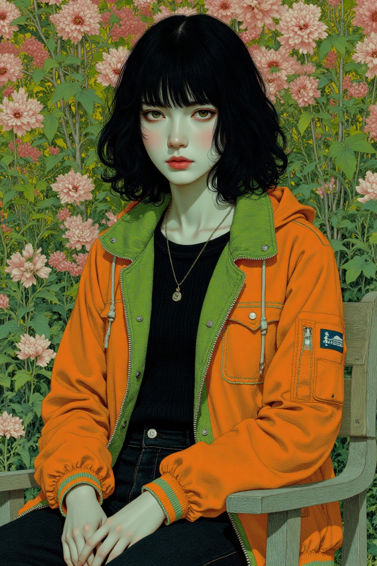 A surreal art illustration inspired by Takato Yamamoto,  featuring a figure with black hair wearing a casual jacket. The s...