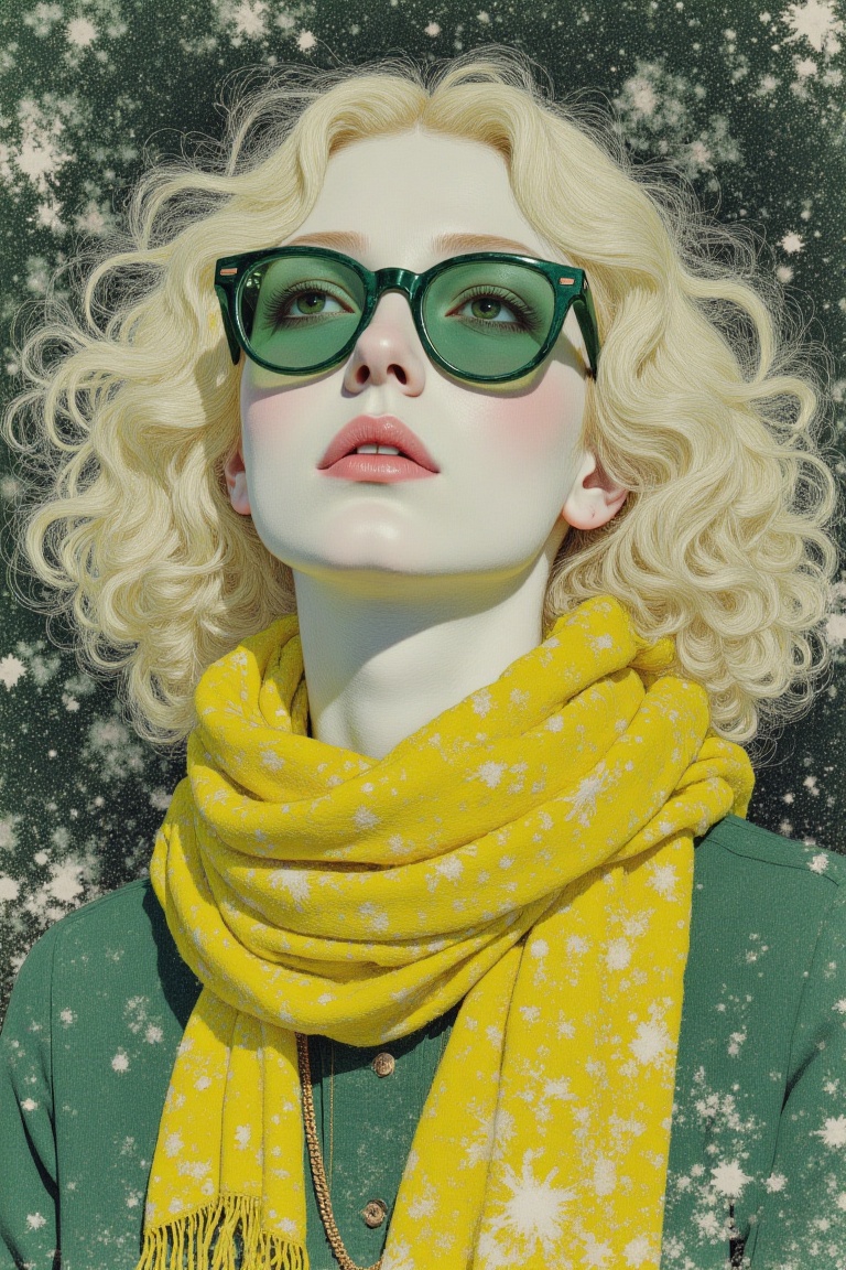 A surreal art illustration inspired by Takato Yamamoto,  featuring a woman with blonde hair wearing green glasses and a ye...
