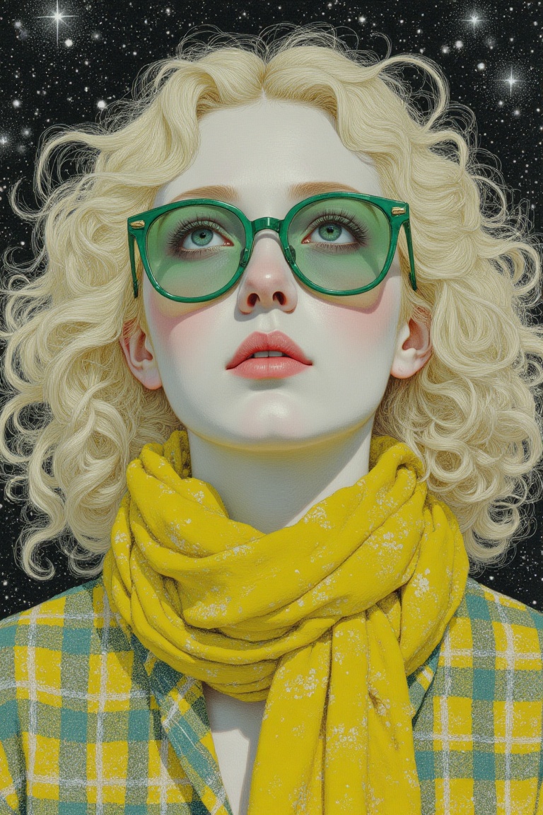 A surreal art illustration inspired by Takato Yamamoto,  featuring a woman with blonde hair wearing green glasses and a ye...