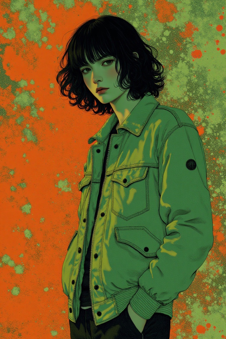 A surreal art illustration inspired by Takato Yamamoto,  featuring a figure with black hair wearing a casual jacket. The s...