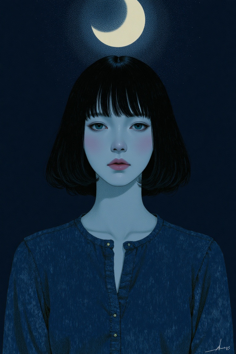 A surreal art illustration in Takato Yamamoto's style,  showcasing a figure with bob hair under moonlight. The crescent mo...