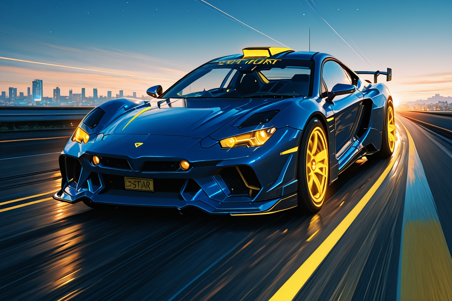 aggressive appearance hypercar rushes along a transparent highway running between skyscrapers cyberpunk city,  city of the...