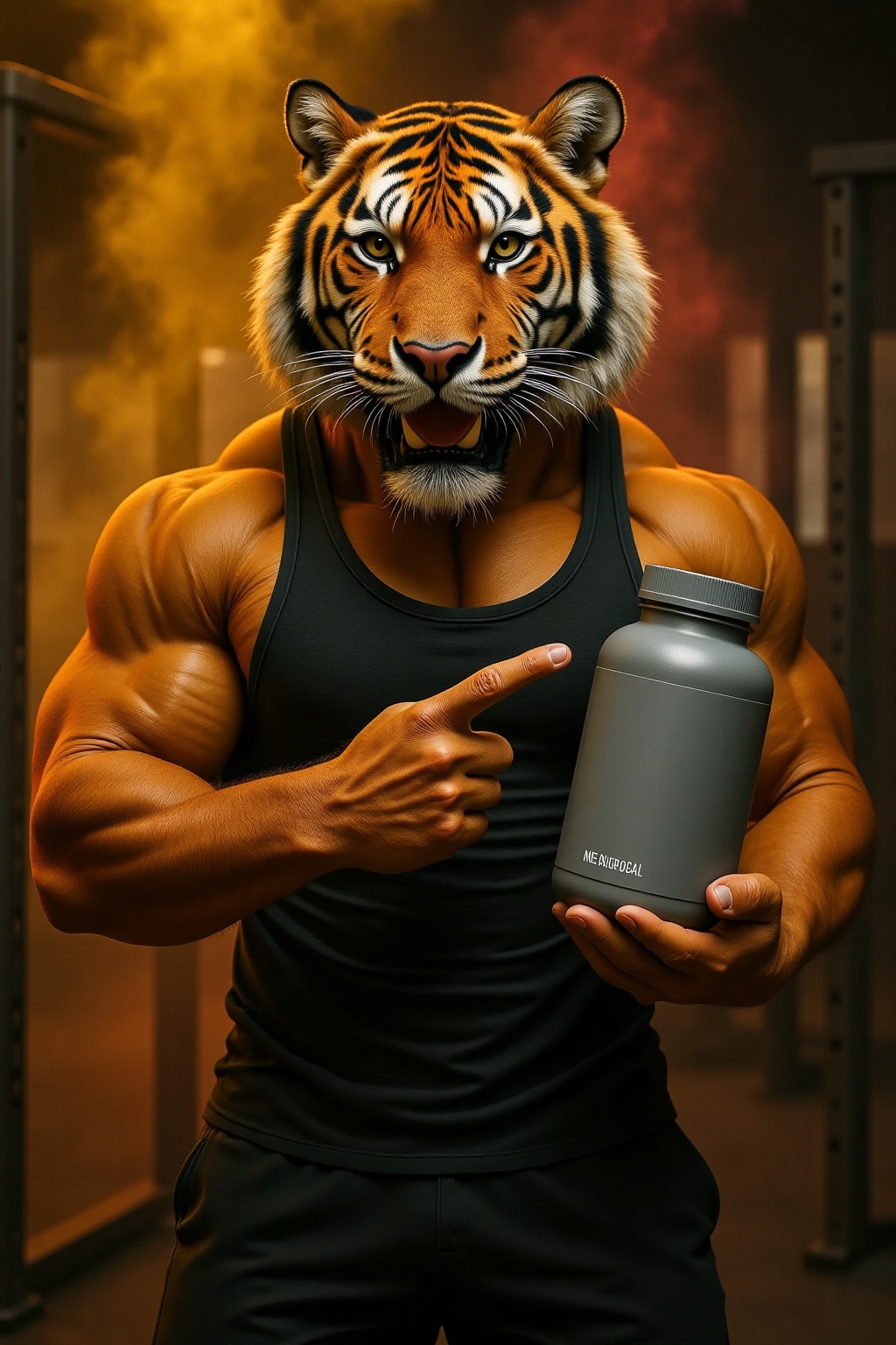 SORA Style: soft grainy,  Sharp image. Anthropomorphic,  muscular male tiger character. Dressed in gym clothes. He holds a...