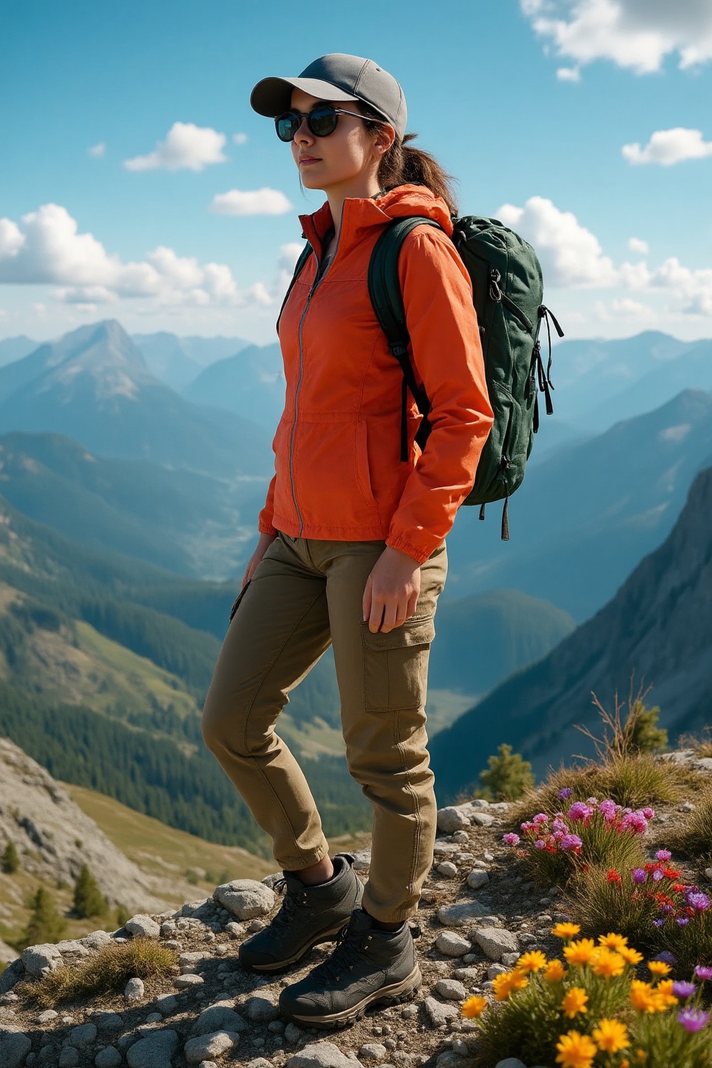 SORA Style: soft grainy,  Sharp image. A young modern female explorer standing on the peak of a mountain,  full body shot....