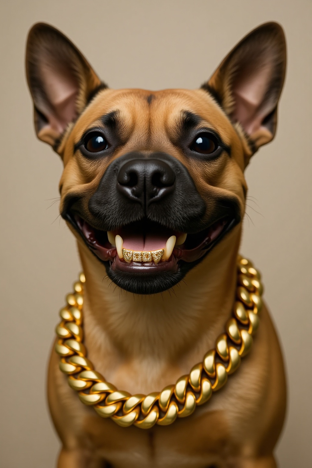 SORA Style: A dog with gold iced-out chain and tooth in front of camera smiling. on Tensor.Art