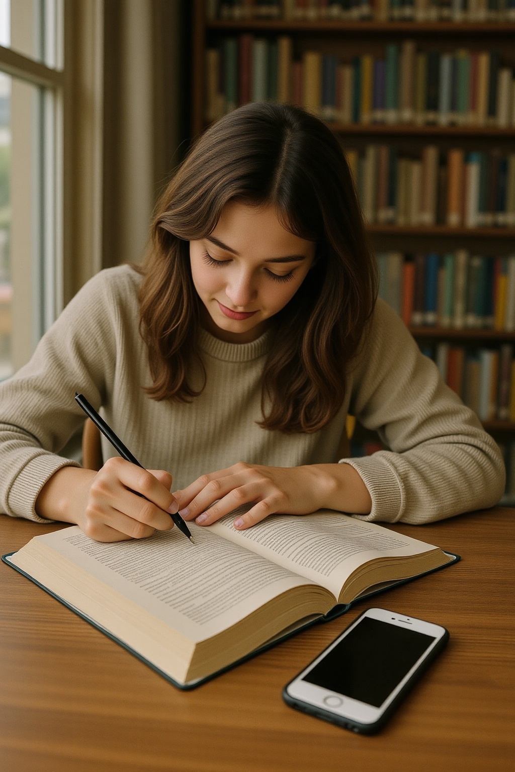 SORA Style: soft grainy,  Sharp image. A picture of a girl who is studying with her friends,  next to her is her cell phon...