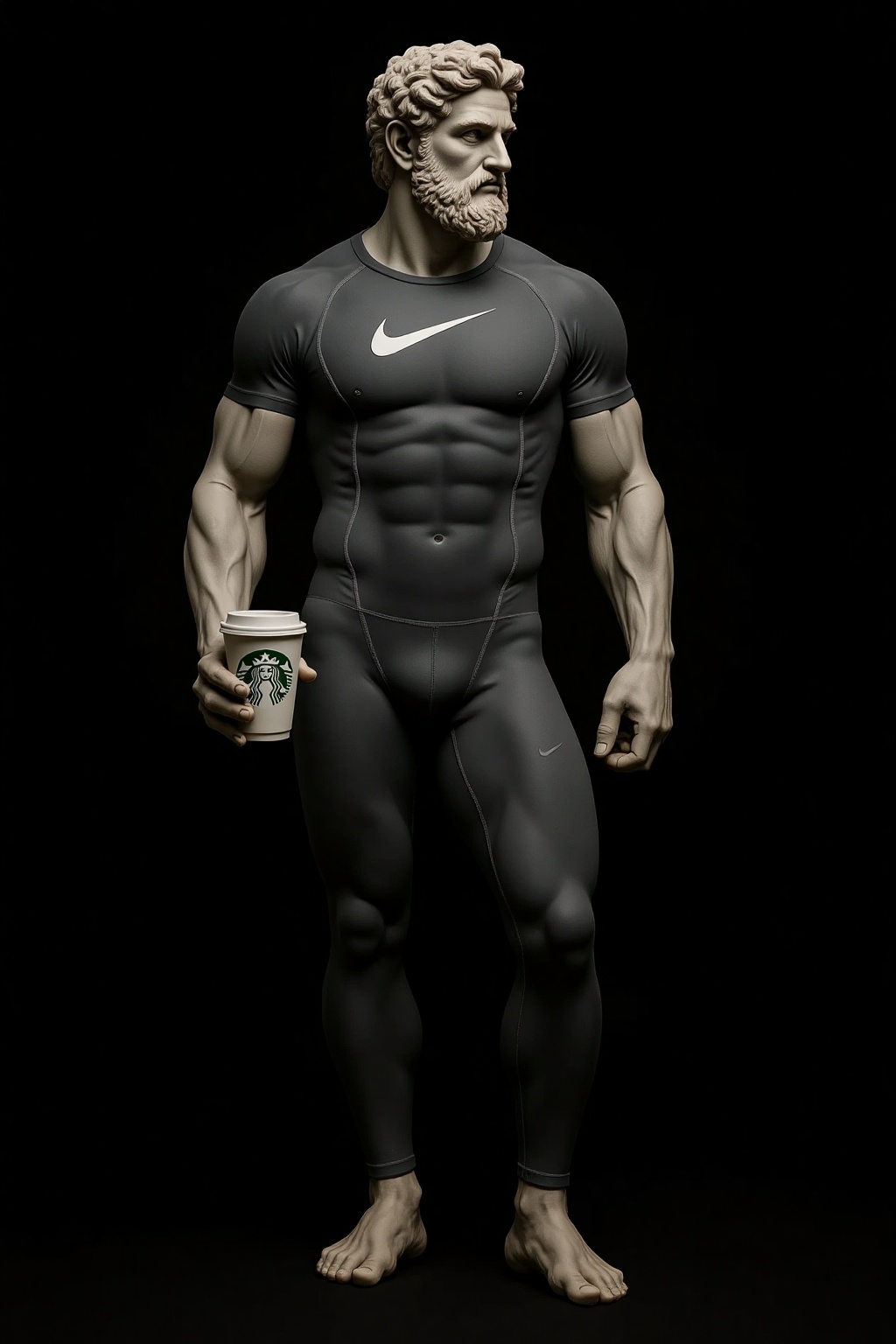 SORA Style: soft grainy,  Sharp image. Cinematic 4k full body shot of Hercules statue with muscular body wearing futuristi...