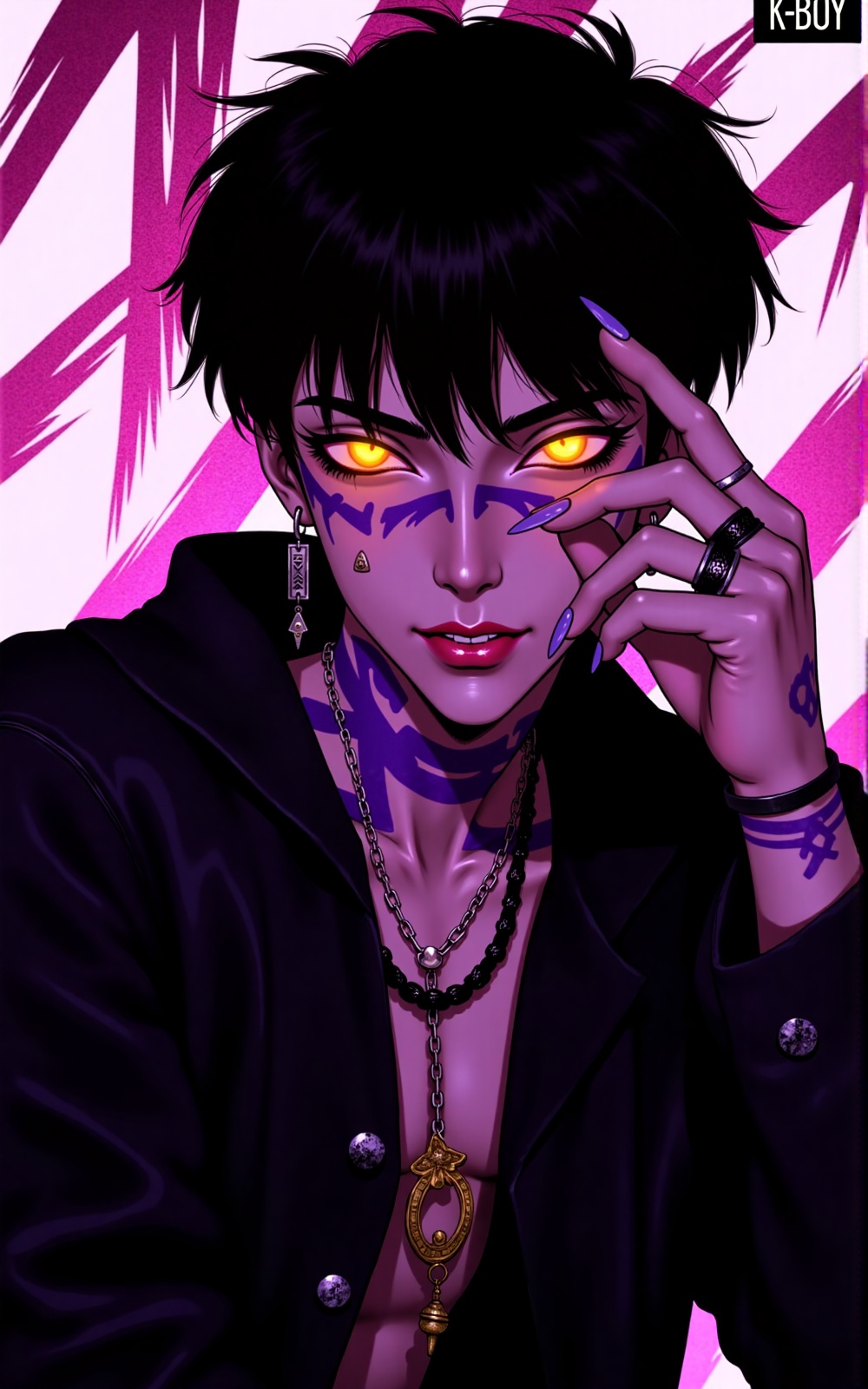 "Gender: Male Age: Young (around 20 years old) Eye color: Bright yellow with an orange hue Skin color: Pale with a pinkish...