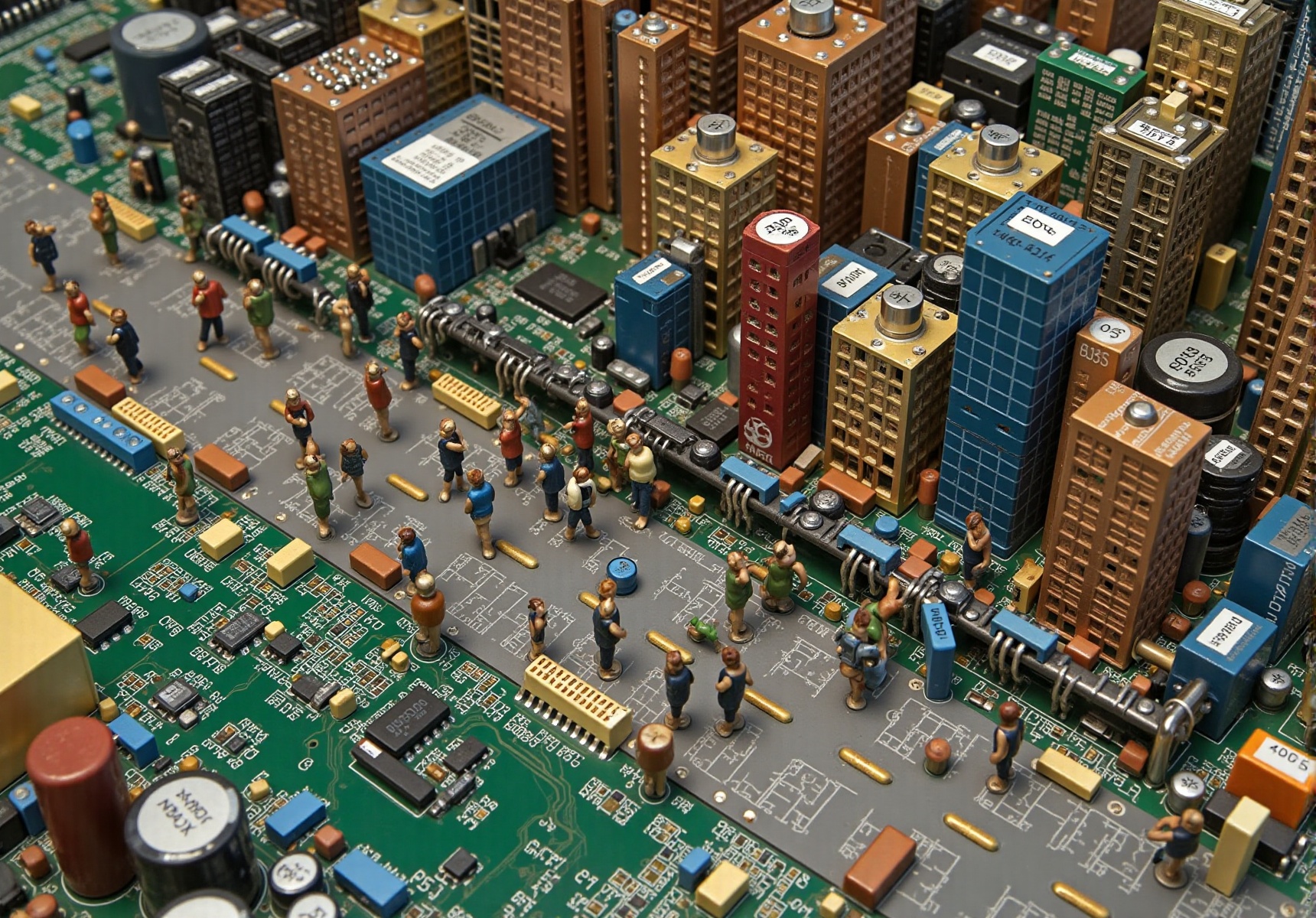 Isometric miniature diorama,  of a bustling city scene. Some detailed figures engaged in various activities. Multi-layered...