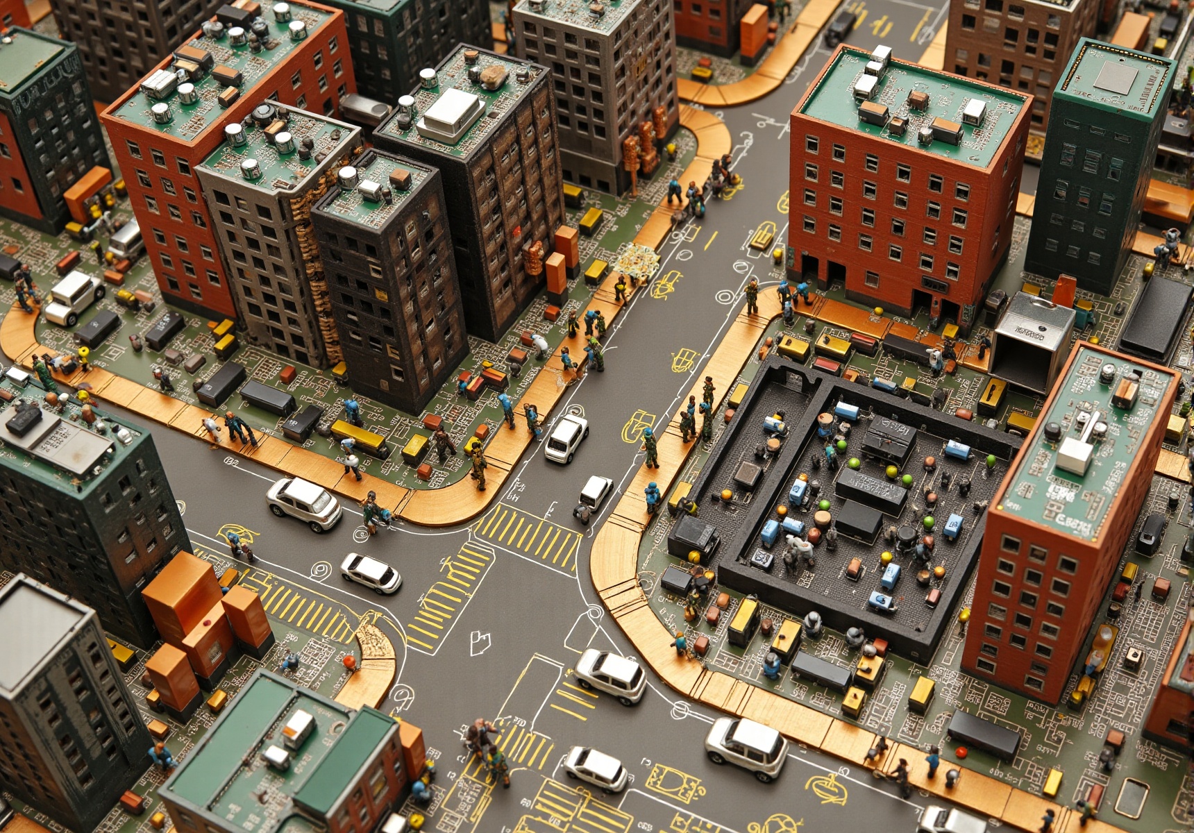 Isometric miniature diorama,  of a bustling city scene. Some detailed figures engaged in various activities. Multi-layered...