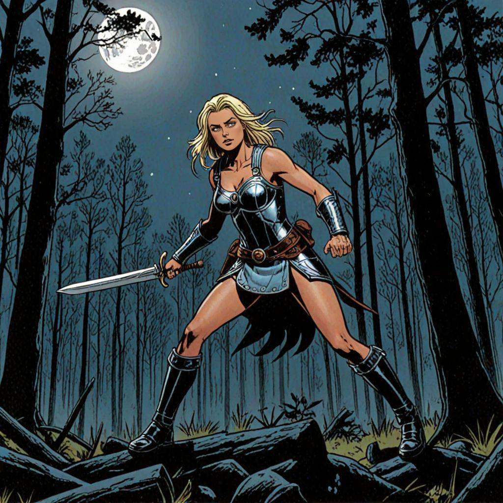 a female warrior in a darkest forest,  moon light rick_hocket,  comic book style on Tensor.Art