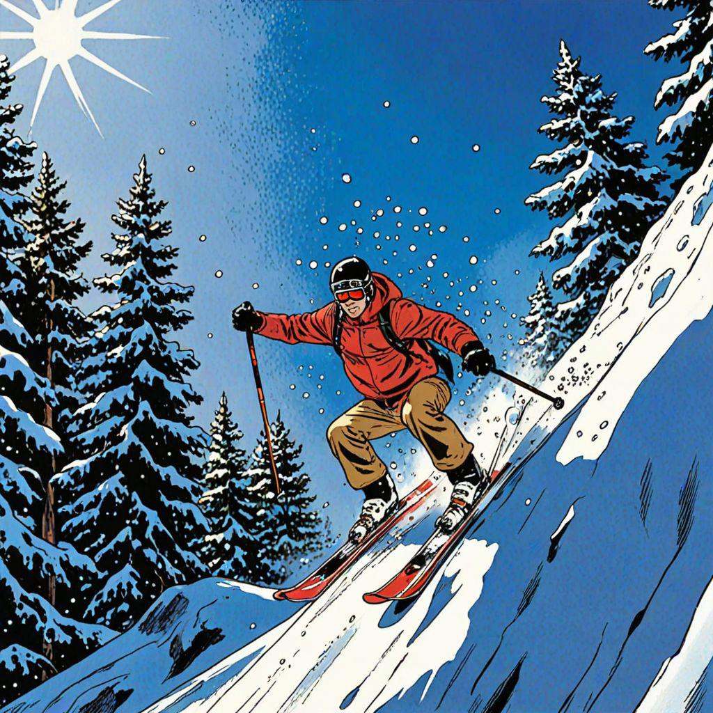 snow skier sliding,  from below rick_hocket,  comic book style on Tensor.Art