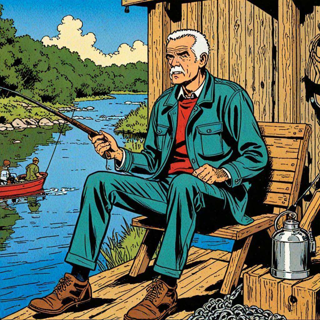 man sitting fishing rick_hocket,  comic book style,  outputric on Tensor.Art