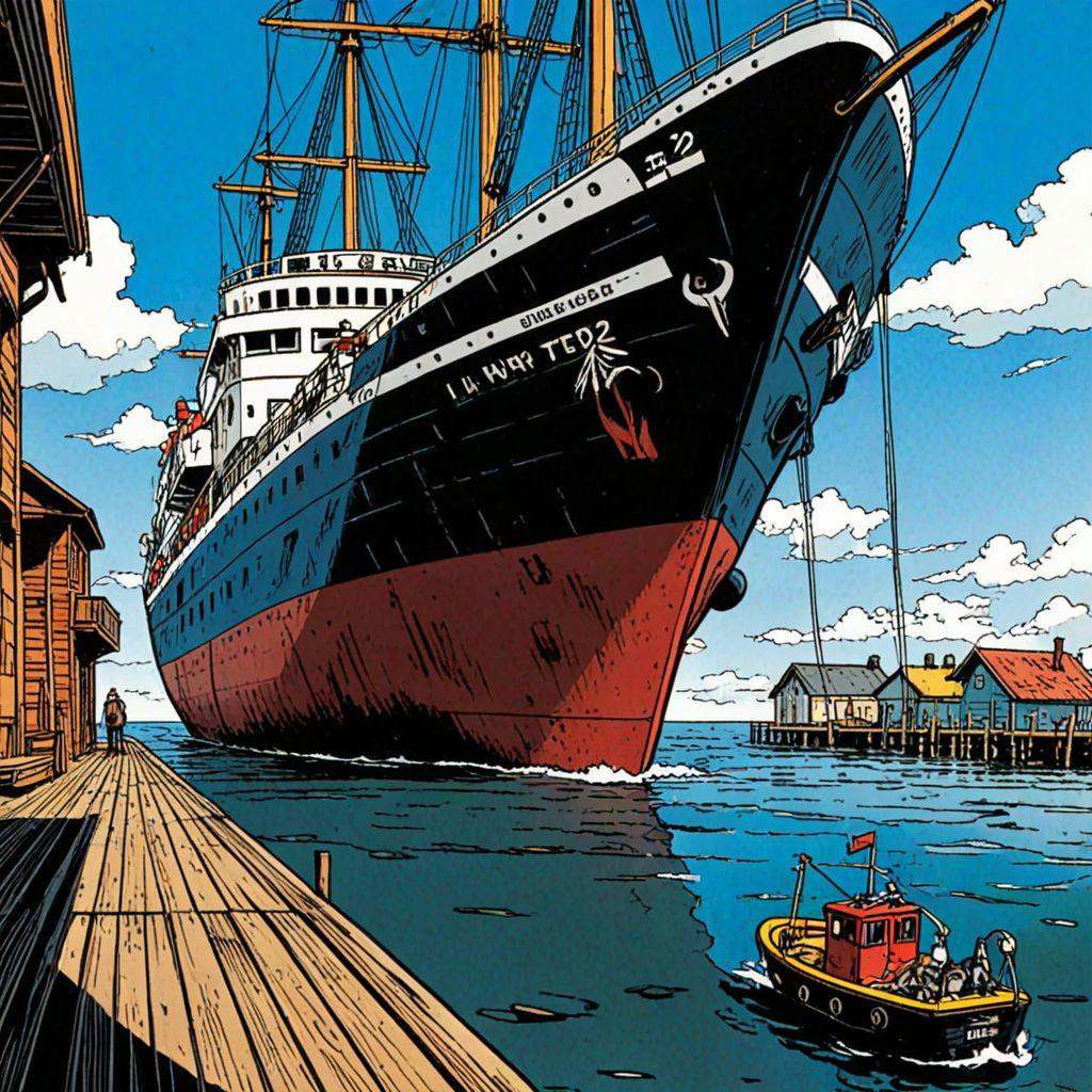 a ship at the dock,  from below rick_hocket,  comic book style on Tensor.Art