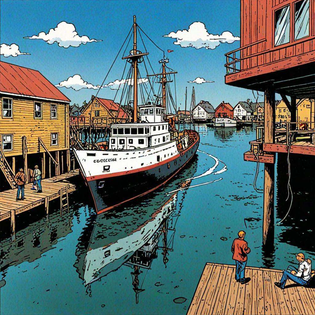 a ship at the dock,  from below rick_hocket,  comic book style on Tensor.Art