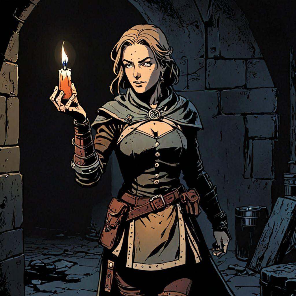 a female warrior in a darkest dungeon ever with a small candle for light,  rick_hocket,  comic book style on Tensor.Art