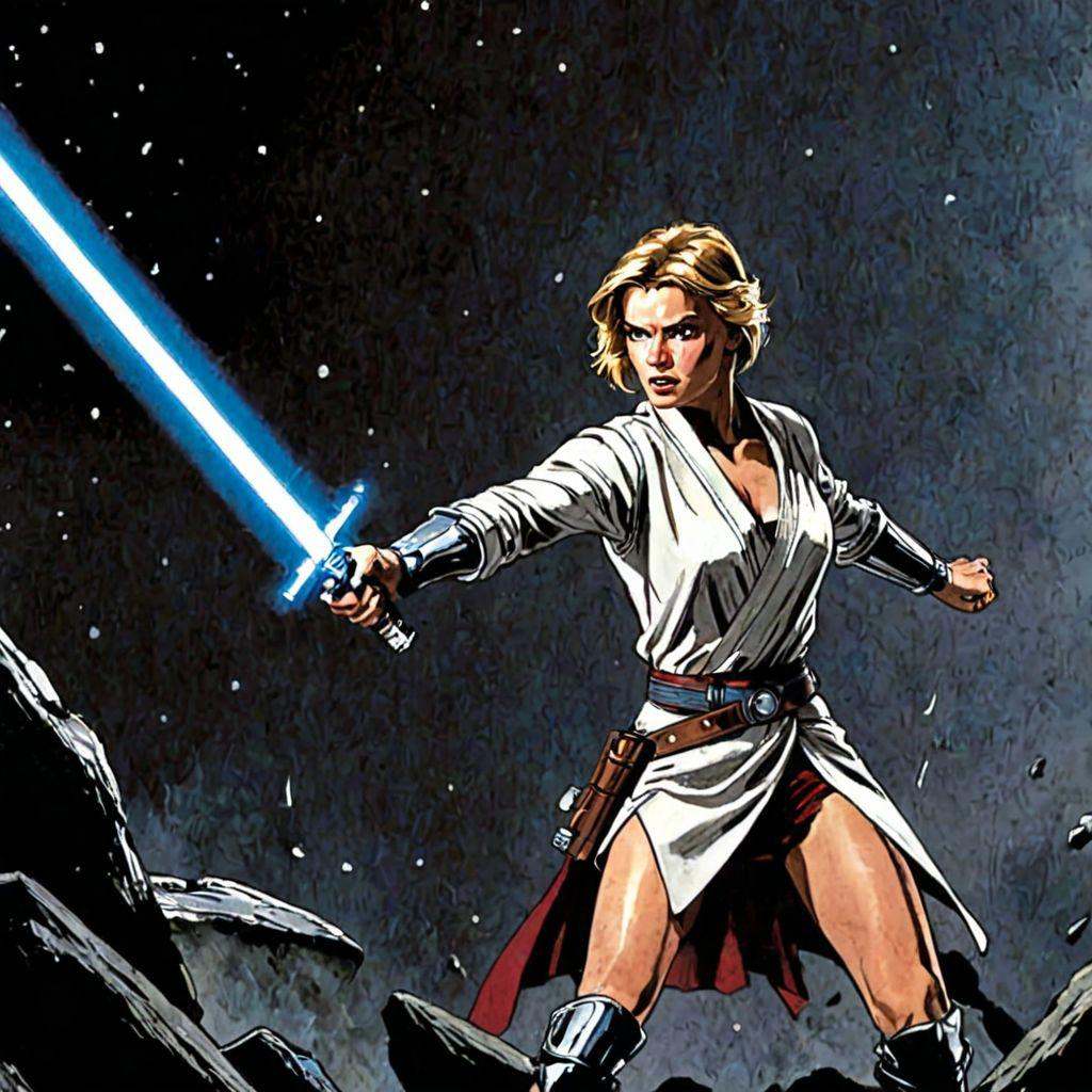a female warrior in a duel,  light saber,  starwar on Tensor.Art