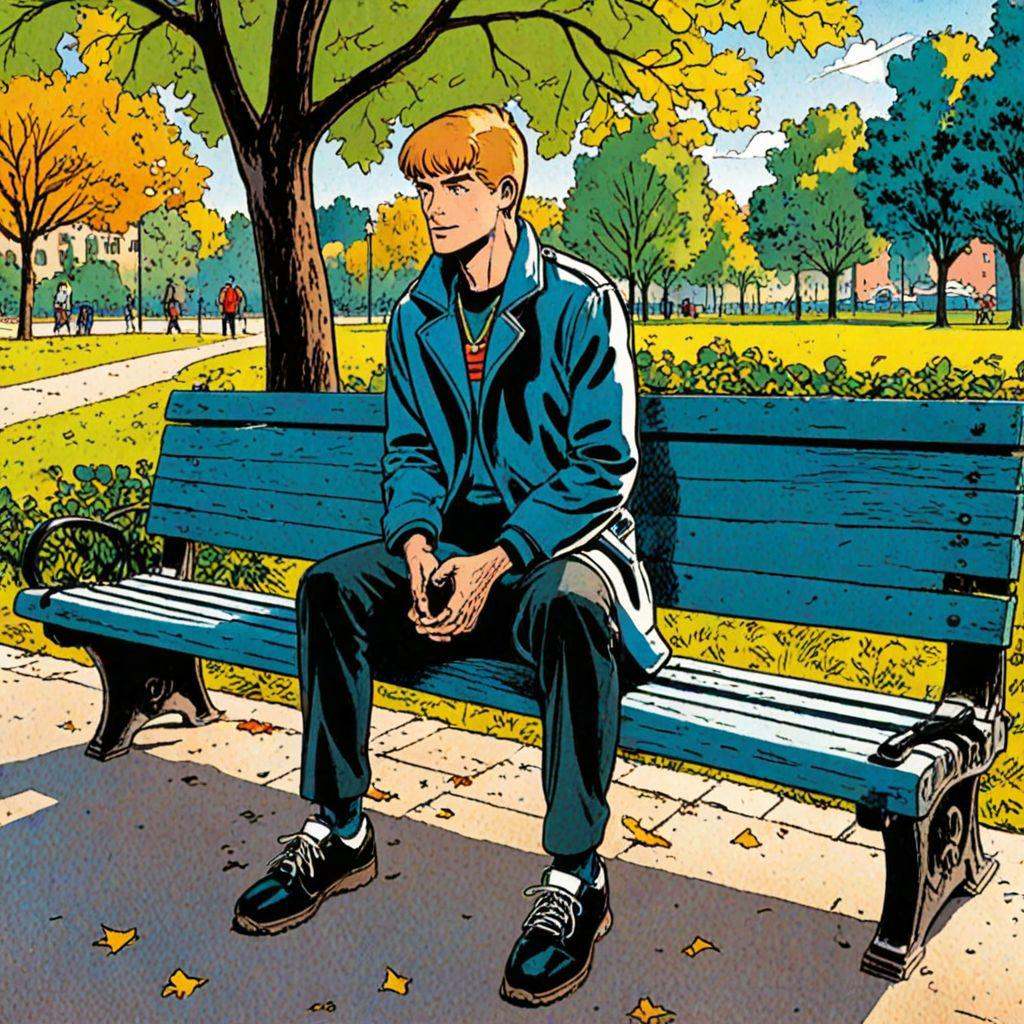 young man sitting bench,  parkcomic book style,  rich vivid detailed background on Tensor.Art
