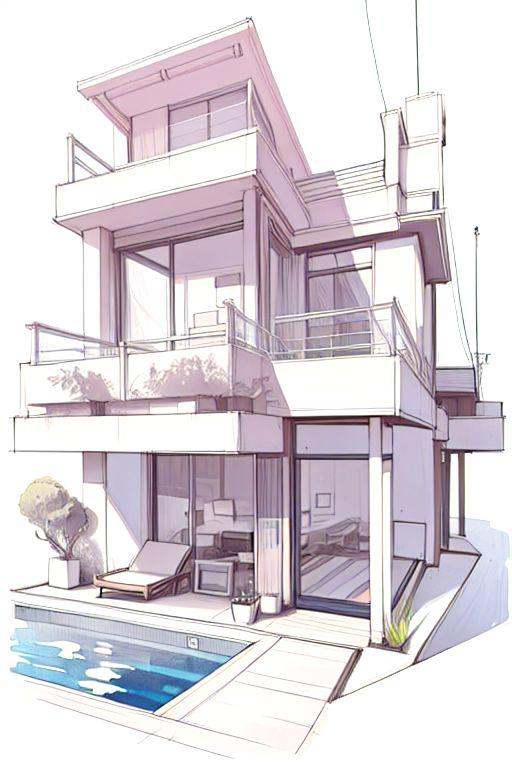 1 modern house,  sketch,  glasses on Tensor.Art