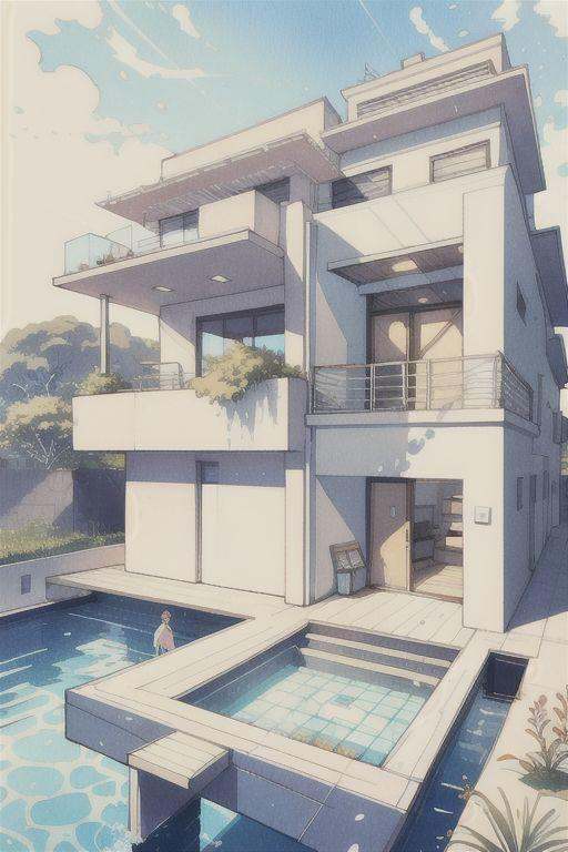1 modern house,  sketch,  glasses on Tensor.Art