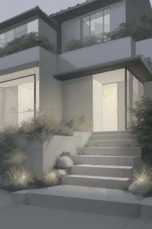 1 modern house architect sketch,  grasses,  light on Tensor.Art