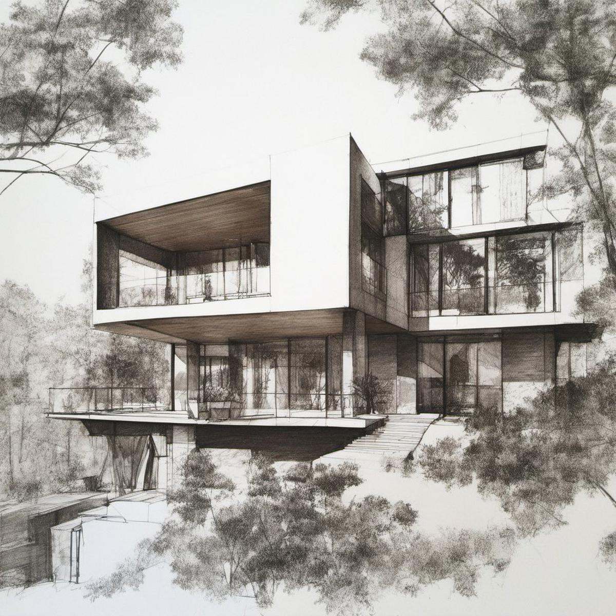 1 modern house,  architect sketch,  balcony on Tensor.Art