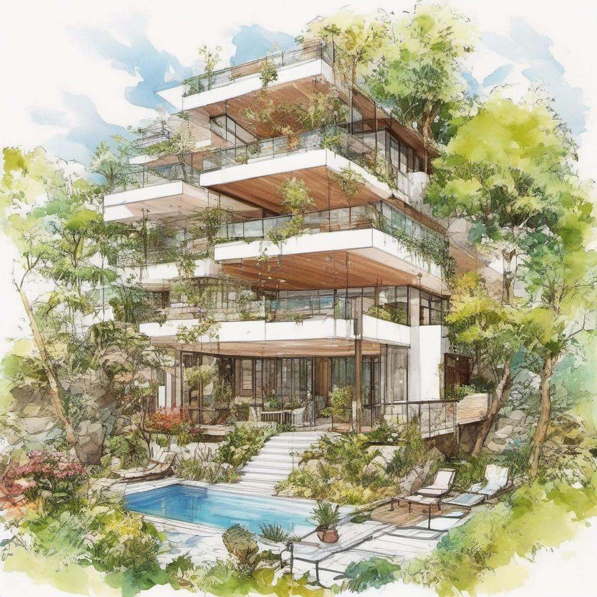 1 modern house,  architect sketch,  balcony on Tensor.Art