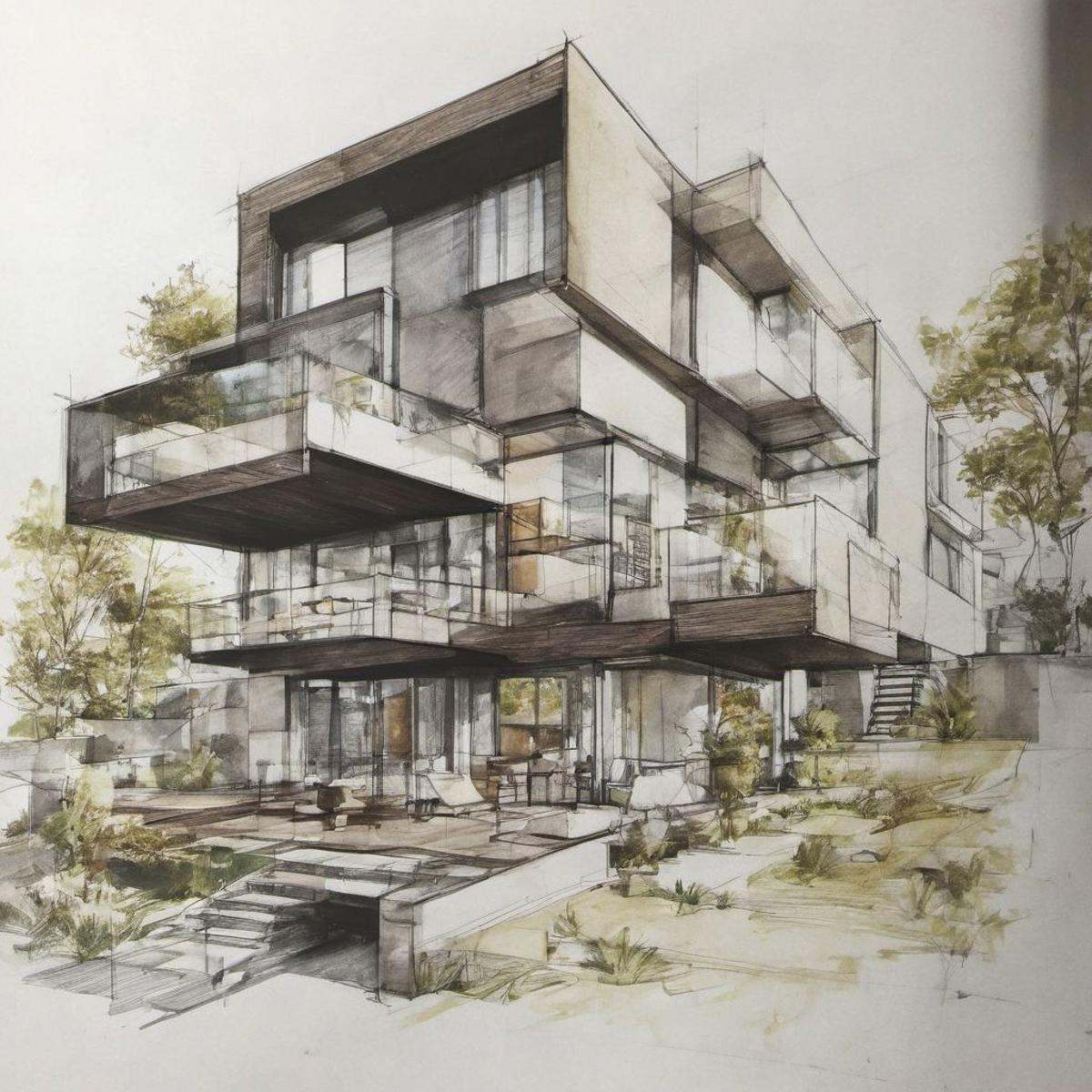 1 modern house,  architect sketch,  balcony on Tensor.Art