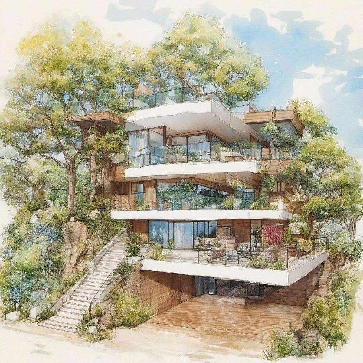 1 modern house,  architect sketch,  balcony on Tensor.Art