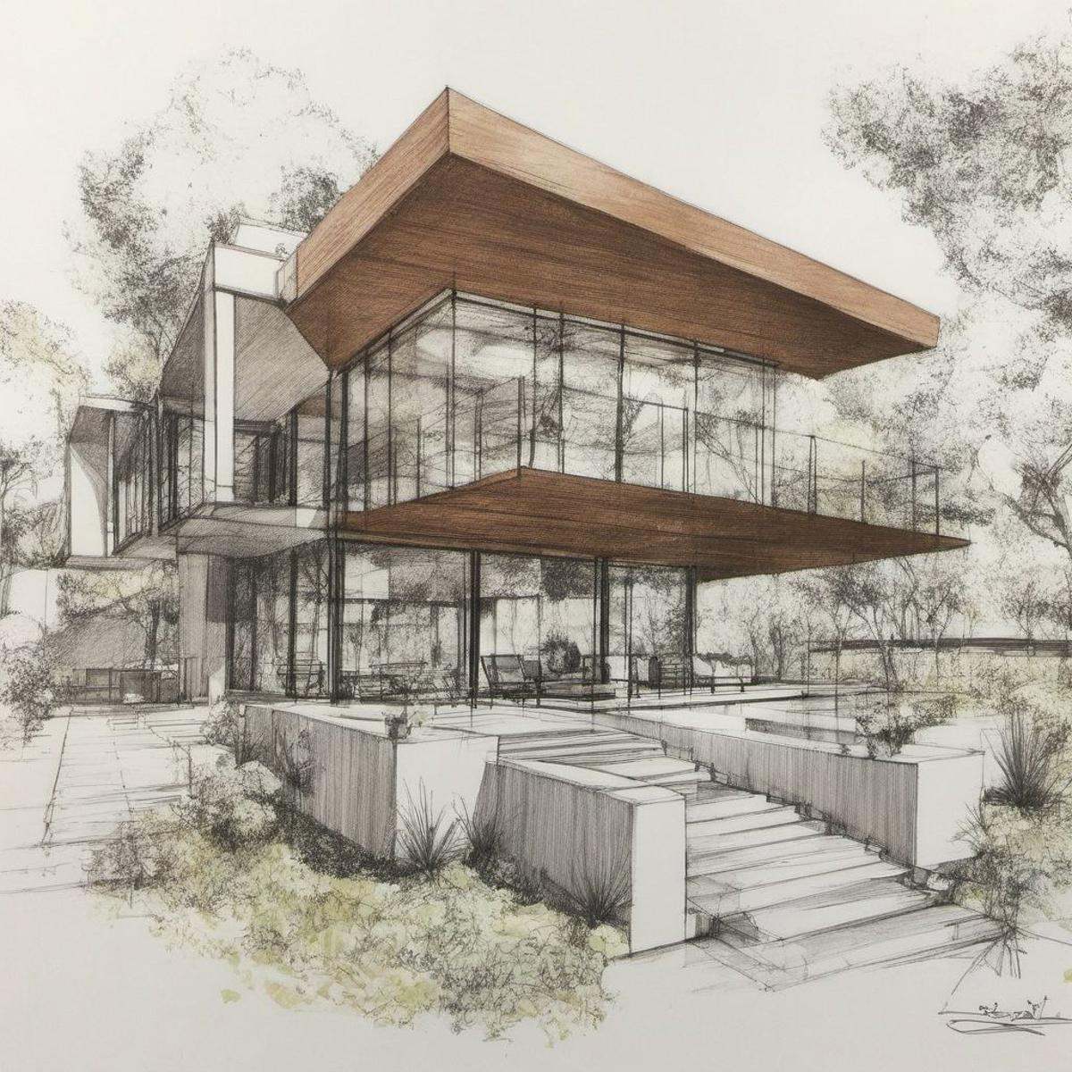 1 modern house,  architect sketch,  balcony on Tensor.Art