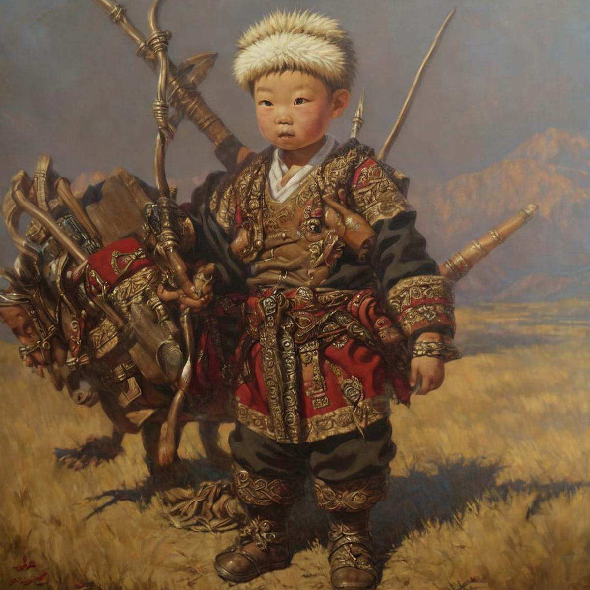 Mongolian little boy,  in warrior outfithighres,  hq on Tensor.Art