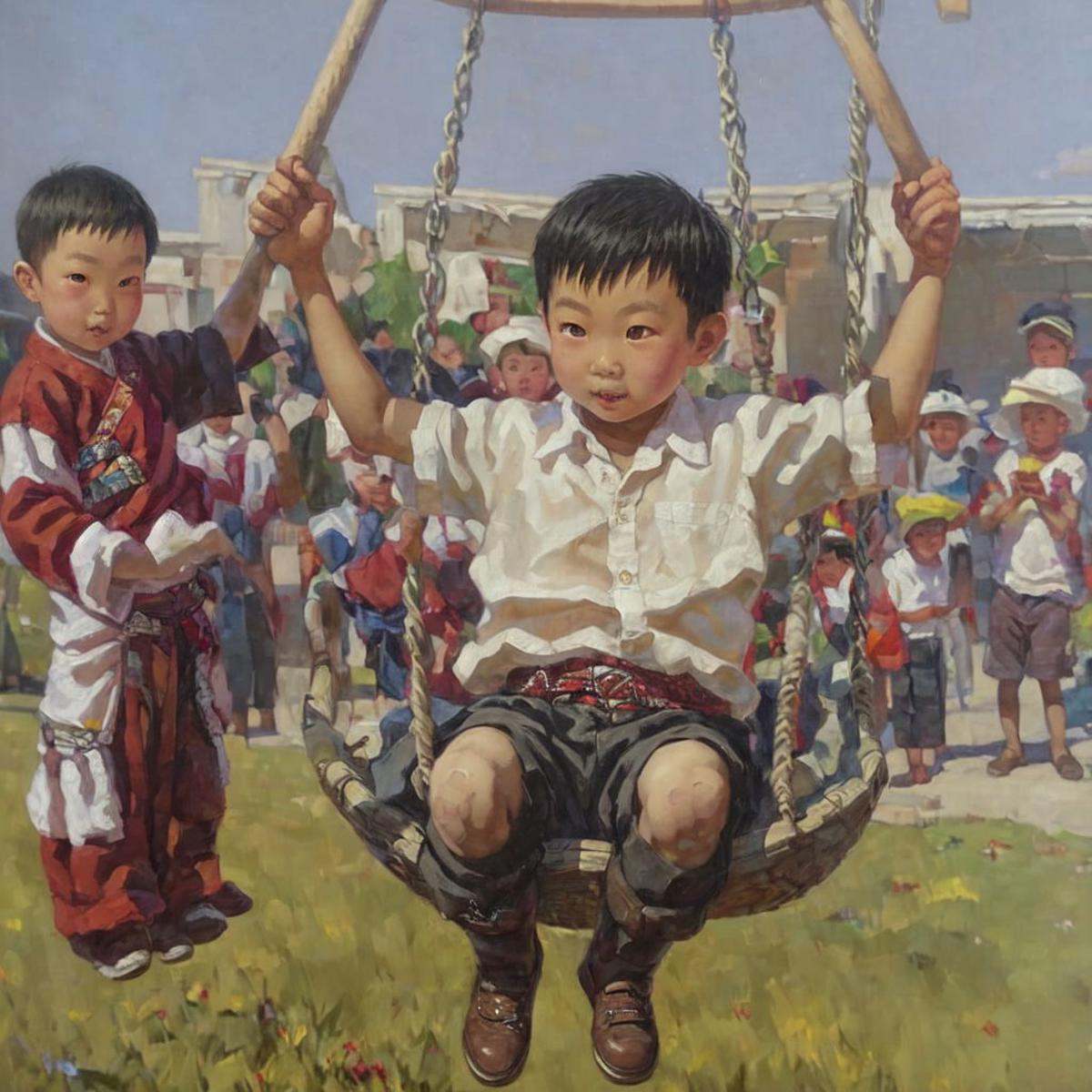 Mongolian little boy playing swing,  white bghighres,  hq on Tensor.Art