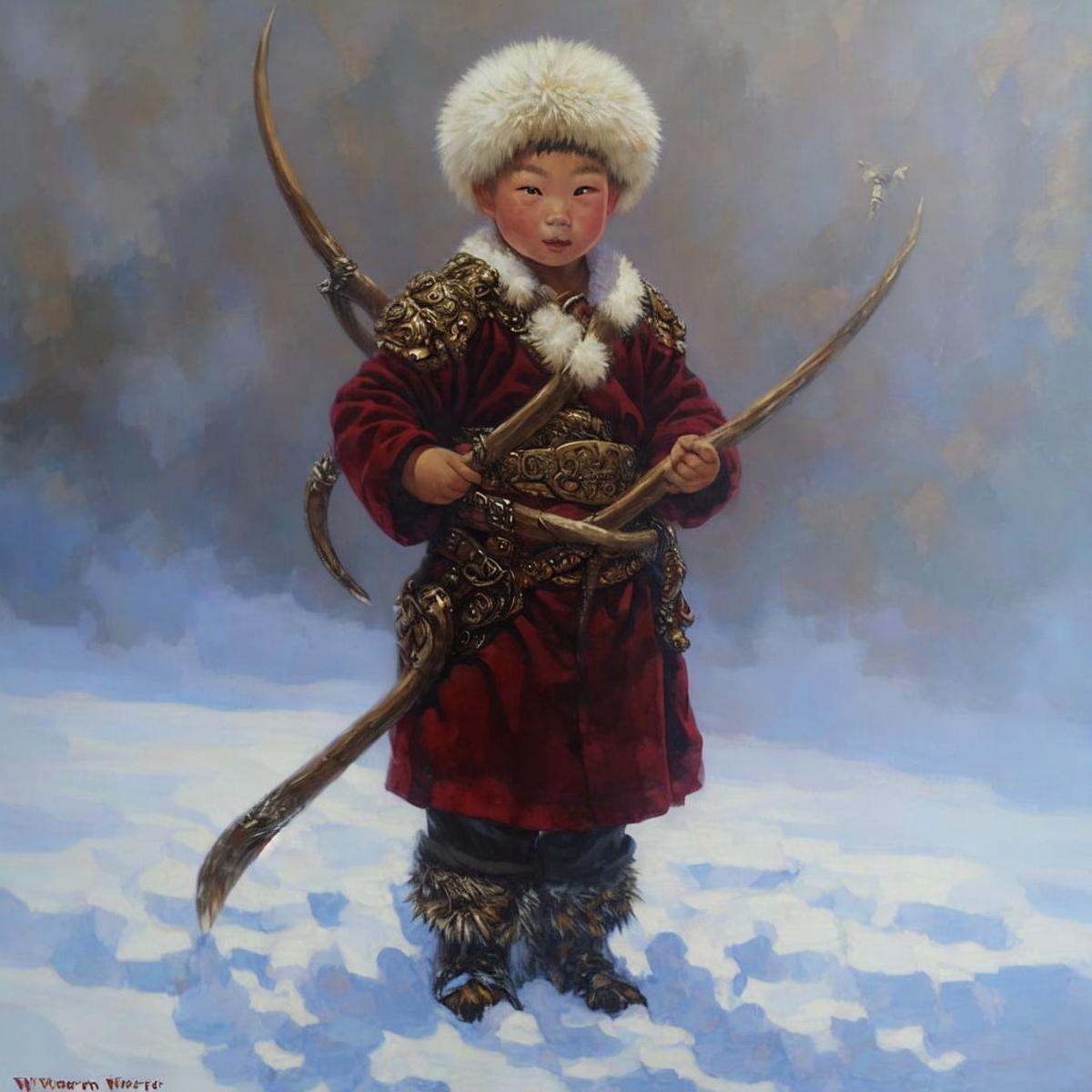 Mongolian boy in warrior costume,  snow highres,  hq on Tensor.Art