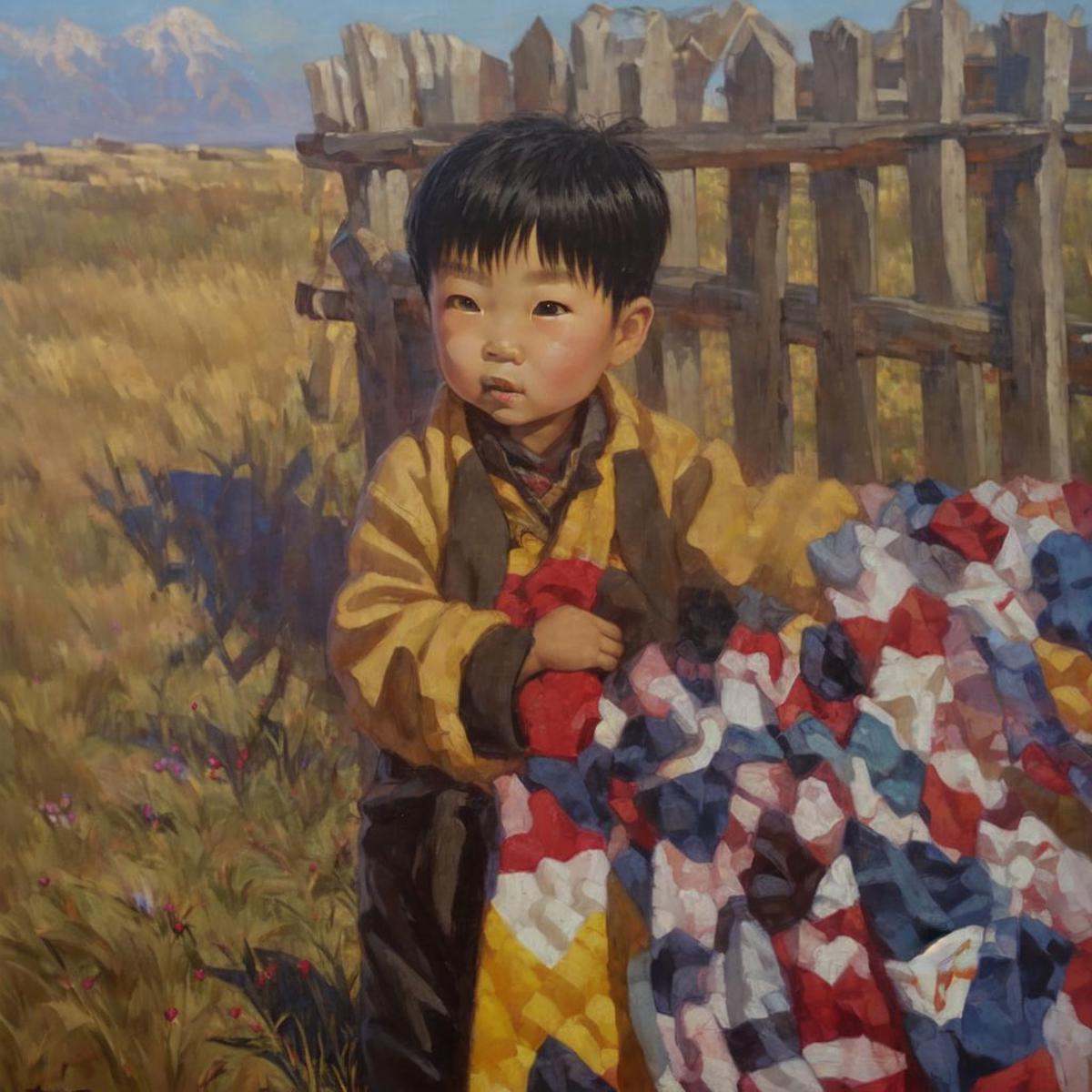 Mongolian little boy on fence,  blankets,  highres on Tensor.Art