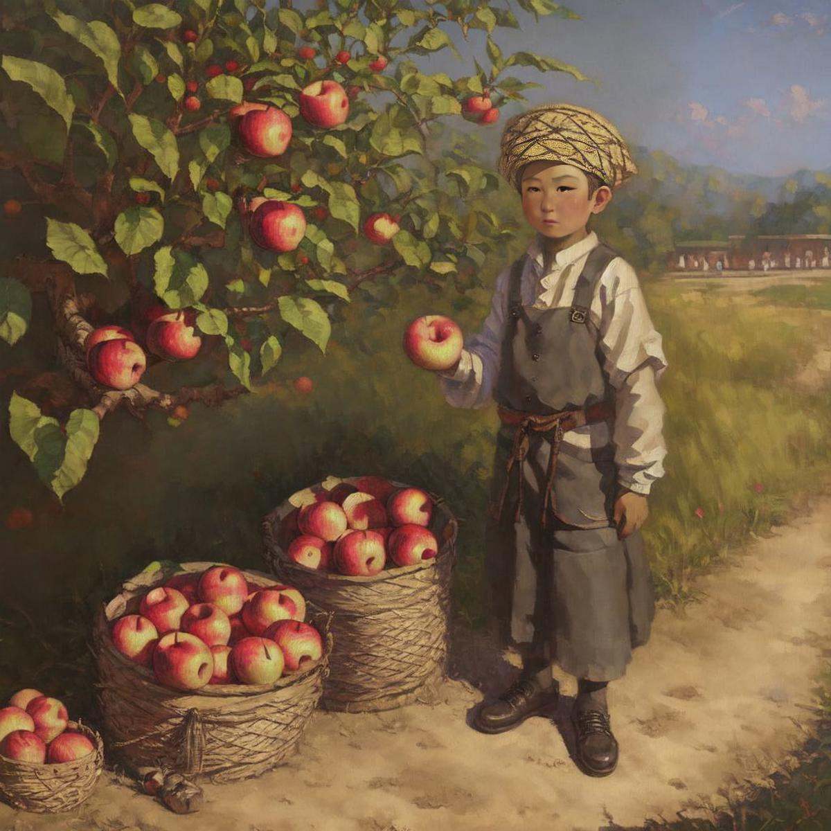 1boy collecting apples,  Mongolian highres,  hq on Tensor.Art