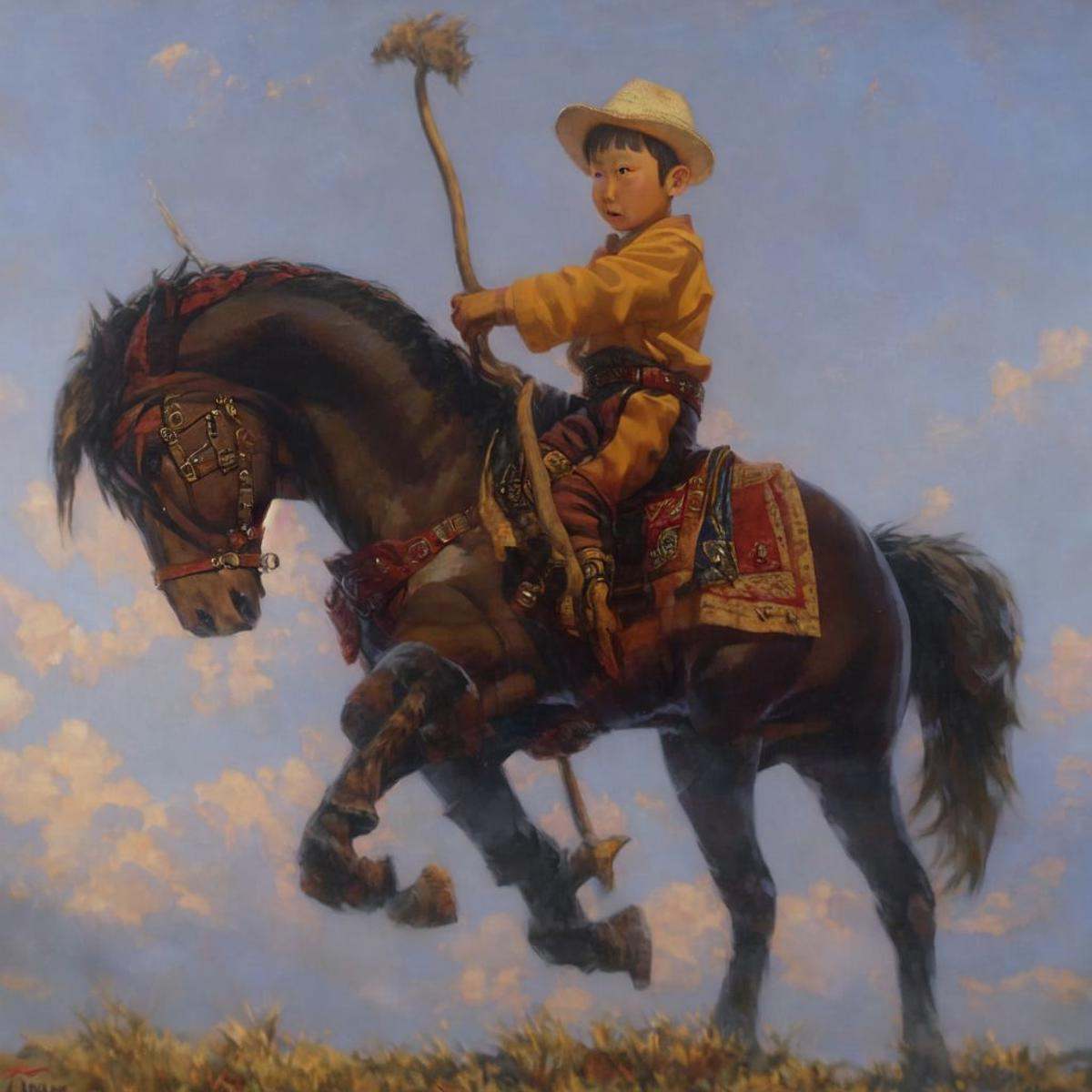 Mongolian little boy riding a horse profilehighres,  hq,  highly detailed on Tensor.Art