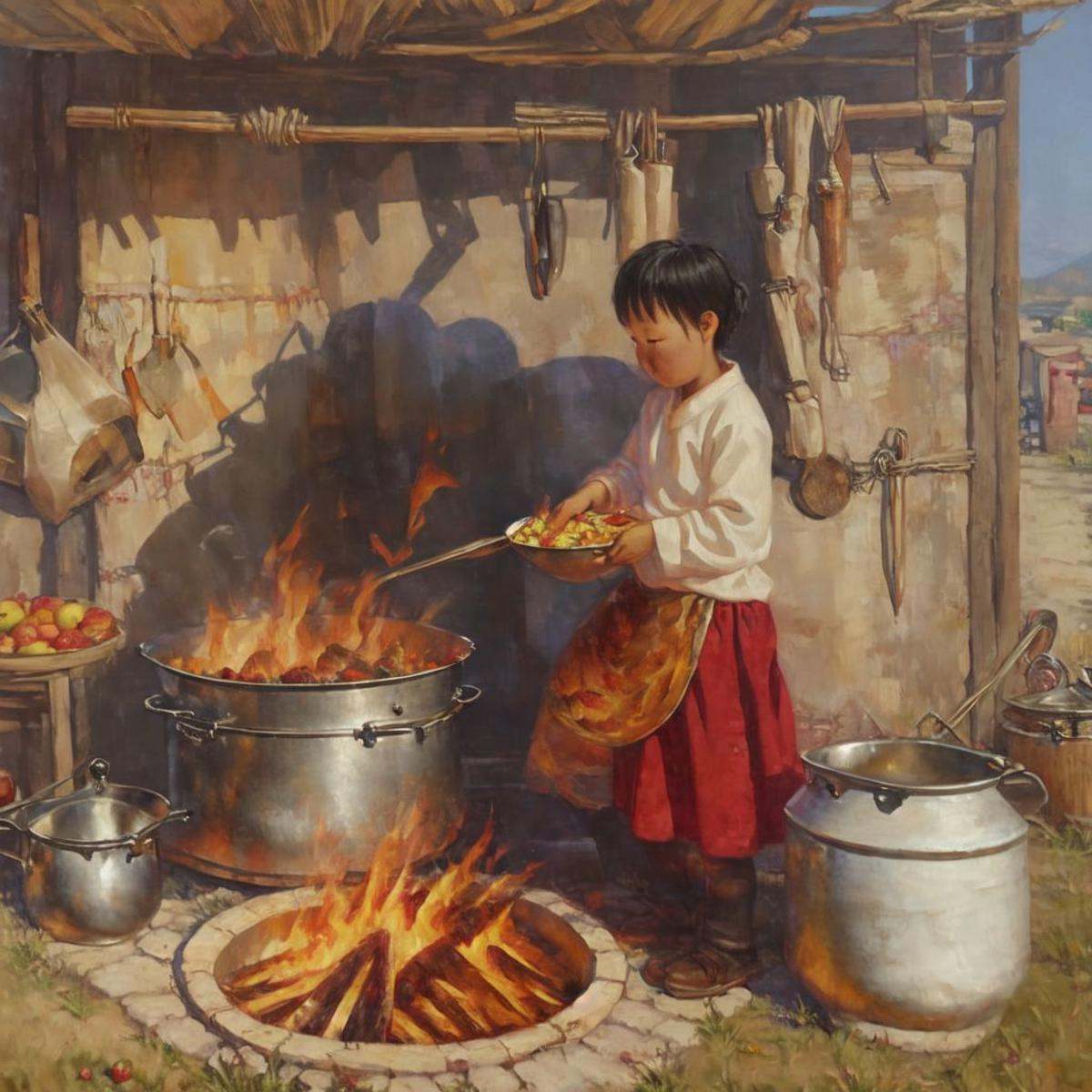 Mongolian girl cooking outdoor,  seating highres,  hq on Tensor.Art