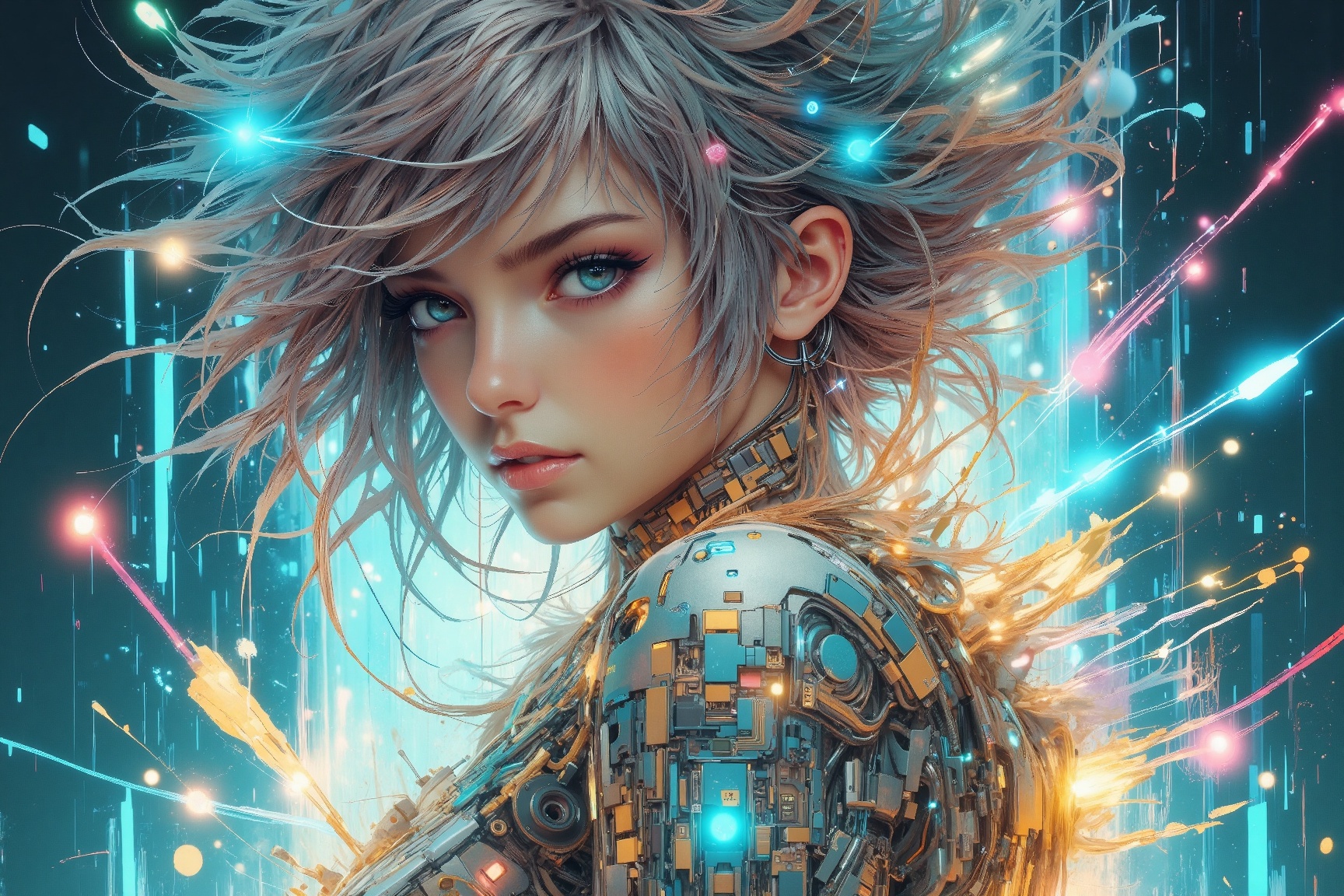an1dro1grl style,  Digital painting of a young woman with silver,  wind-swept hair and blue eyes on Tensor.Art